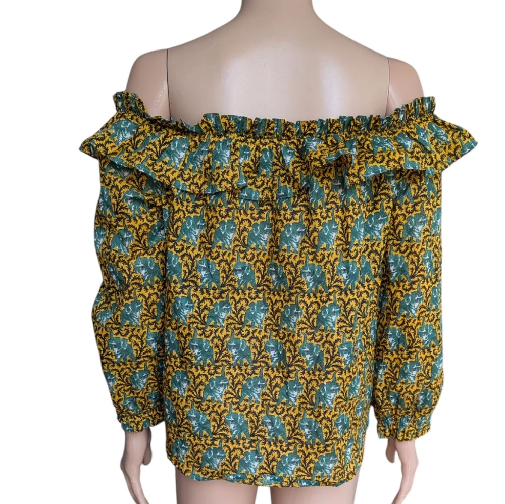 J. Crew Ratti Safari novelty elephant print Off the Shoulder top ruffle